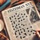 A crossword puzzle grid with a pen and scattered notes, featuring clues from the statesman NYT crossword.